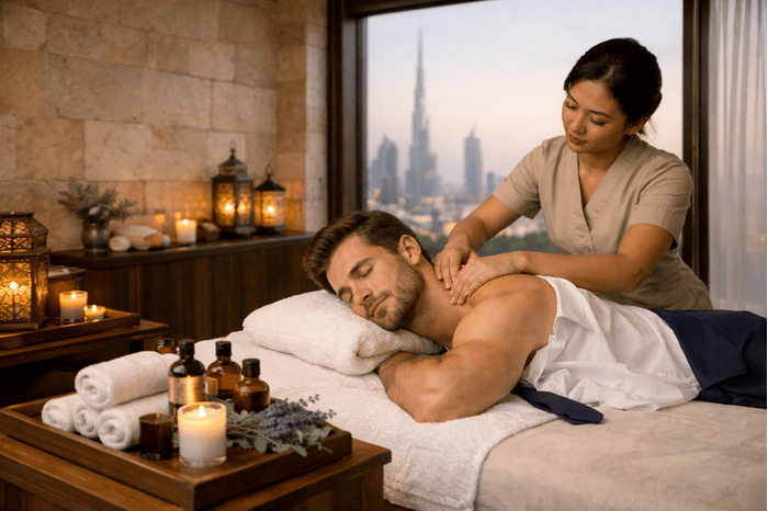 Professional airbrush tanning and body de-tan treatment session in a luxury Dubai beauty salon for glowing, even-toned skin.